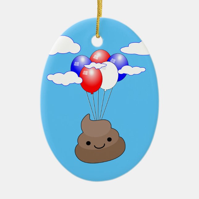 Poo Emoji Flying With Balloons In Blue Sky Ceramic Ornament (Front)