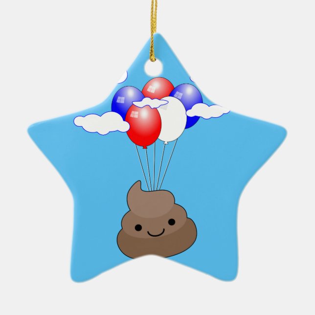 Poo Emoji Flying With Balloons In Blue Sky Ceramic Ornament (Front)