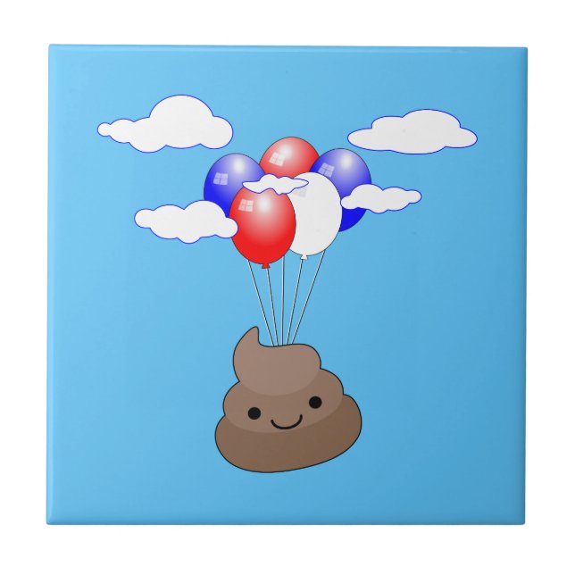 Poo Emoji Flying With Balloons In Blue Sky Ceramic Tile (Front)