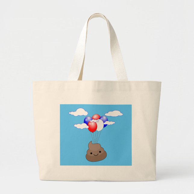 Poo Emoji Flying With Balloons In Blue Sky Large Tote Bag (Front)