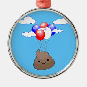 Poo Emoji Flying With Balloons In Blue Sky Metal Ornament