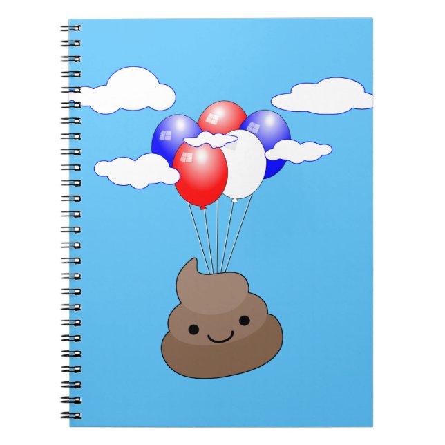 Poo Emoji Flying With Balloons In Blue Sky Notebook (Front)