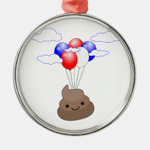 Poo Emoji Flying With Balloons Metal Ornament