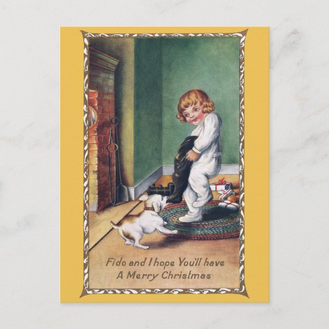 Pooch Fights For Fair Share of Xmas Loot Holiday Postcard (Front)