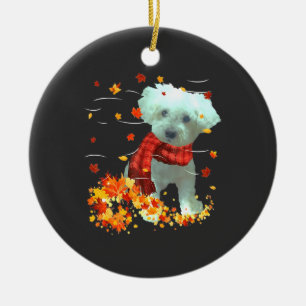 Poochon Fall Scarf - Dogs Autumn Leaves Ceramic Ornament