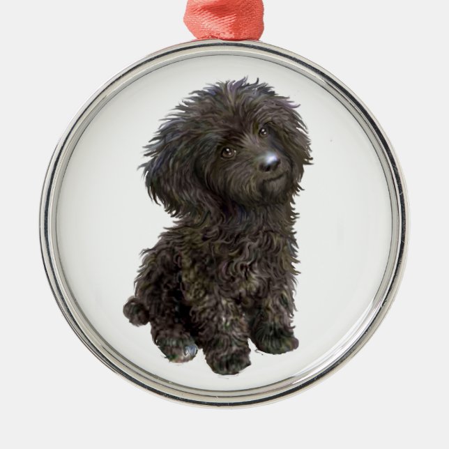 Poodle - black toy pup metal tree decoration (Front)