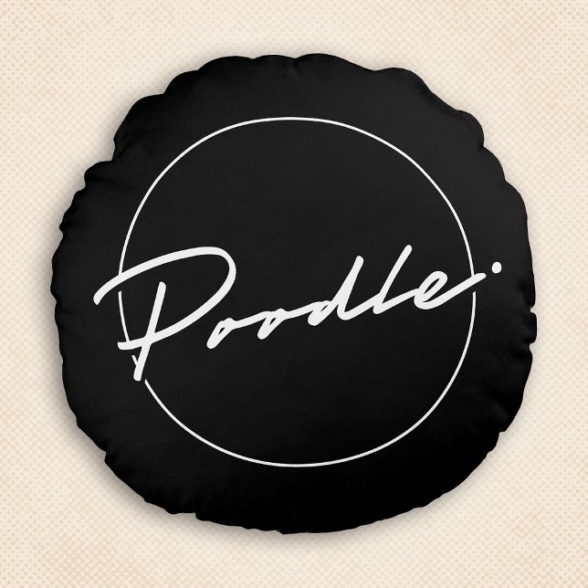 Poodle Chic Fancy Script Elegant Black Round Throw Cushion (Poodle Chic & Fancy Script Black Round Pillow)