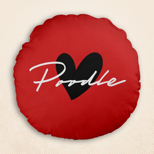 Poodle Chic & Fancy Script Red Round Cushion (Poodle Chic & Fancy Script Red Round Pillow)