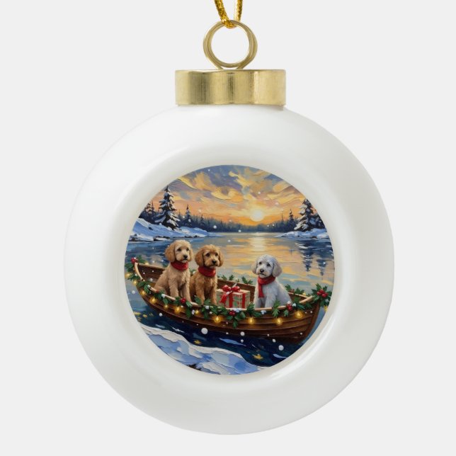 Poodle Christmas Boat Holiday Ceramic Ball Christmas Ornament (Front)