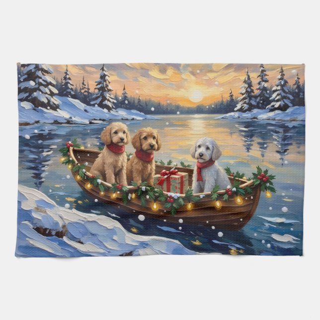 Poodle Christmas Boat Holiday Tea Towel (Horizontal)