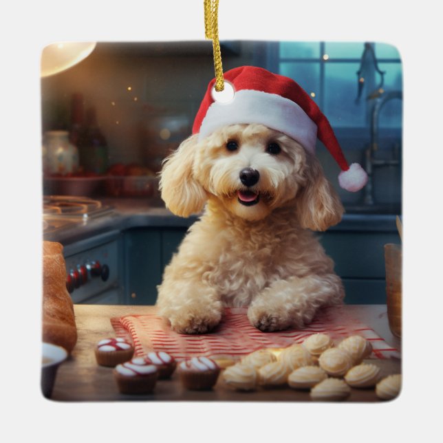Poodle Christmas Cookies Festive Holiday Ceramic Ornament (Front)