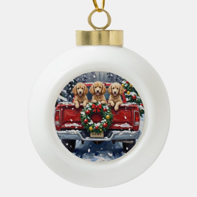 Poodle Christmas Red Truck Holiday Ceramic Ball Christmas Ornament (Front)