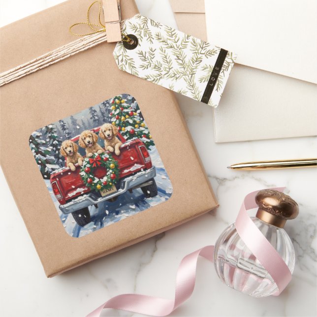 Poodle Christmas Red Truck Holiday Square Sticker (Gifting)