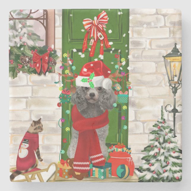 Poodle Christmas Stone Coaster (Front)
