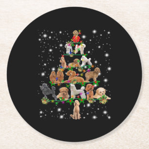 Poodle Christmas Tree Covered By Flashlight Round Paper Coaster