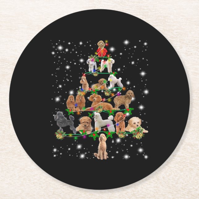 Poodle Christmas Tree Covered By Flashlight Round Paper Coaster (Front)