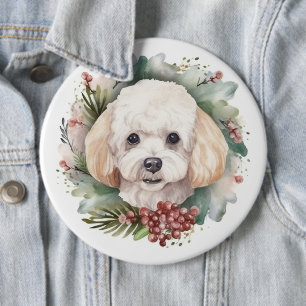 Poodle Christmas Wreath Festive Pup  6 Cm Round Badge
