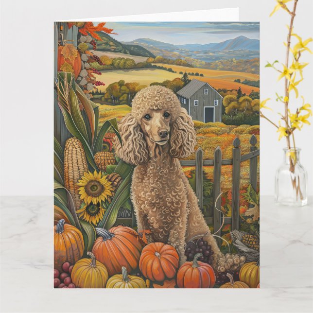 Poodle Dog Autumn Harvest Thanksgiving Card (Yellow Flower)