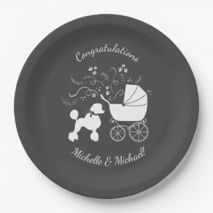 Poodle Dog Baby Shower Puppy Grey Gender Neutral Paper Plate