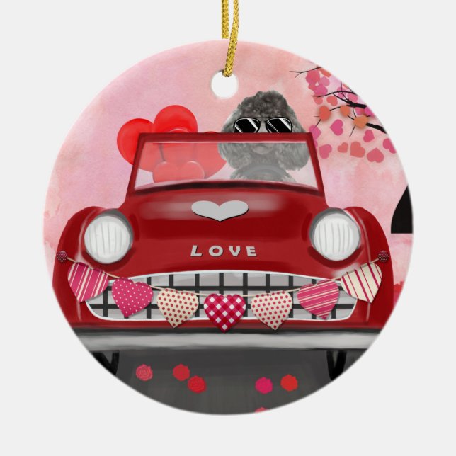 Poodle Dog Car with Hearts Valentine's  Ceramic Ornament (Front)