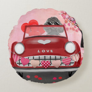 Poodle Dog Car with Hearts Valentine's Round Cushion