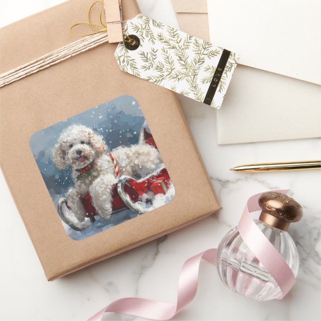 Poodle Dog Christmas Festive Square Sticker (Gifting)