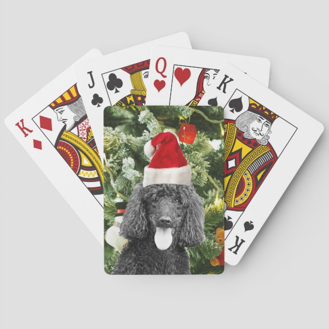 Poodle Dog Christmas Tree Snowman Red Santa Hat Playing Cards (Back)