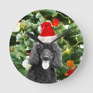 Poodle Dog Christmas Tree Snowman Red Santa Hat Round Clock
