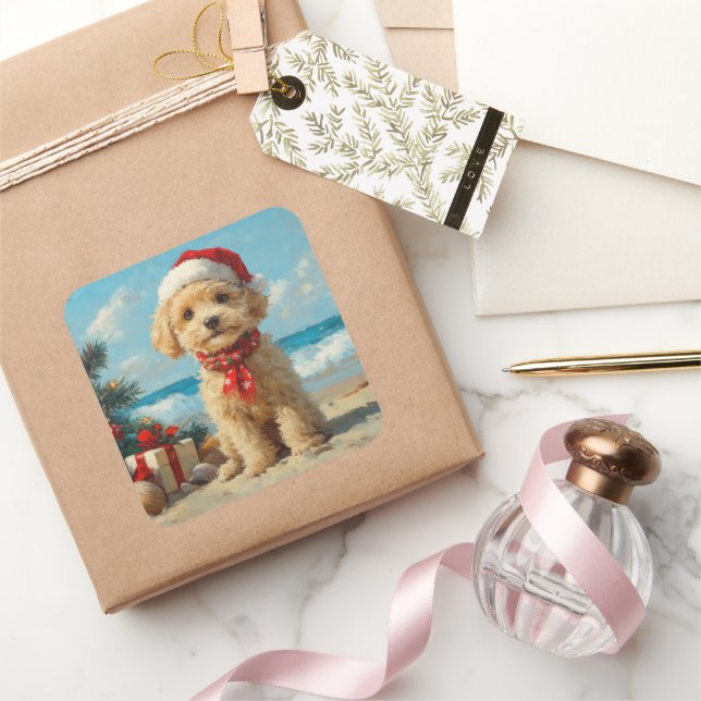Poodle Dog Christmas Vintage Beach Square Sticker (Gifting)