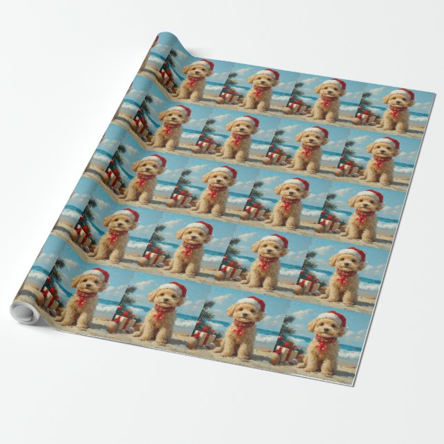 Poodle Dog Christmas Vintage Beach Wrapping Paper (Unrolled)
