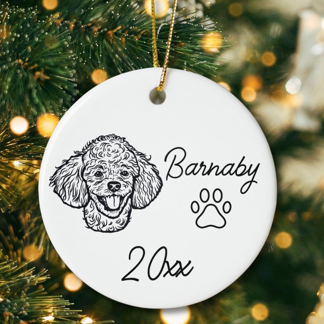 Poodle Dog Custom Name & Year Line Art Ceramic Ornament (Black Poodle Dog Custom Name and Year Ornament with Paw Print. Black and White Line Art Modern)