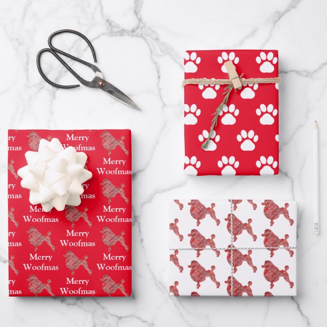 Poodle Dog Cute Silhouette Red Merry Woofmas Wrapping Paper Sheet (Front)