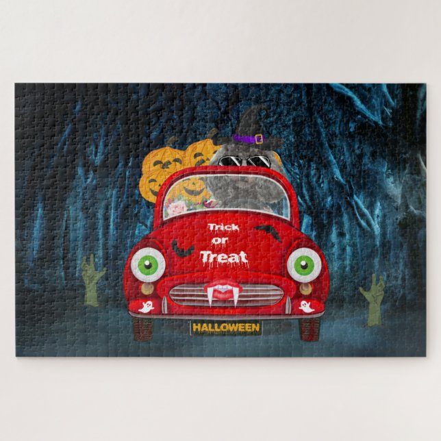 Poodle Dog Driving Car Scary Halloween Jigsaw Puzzle (Horizontal)