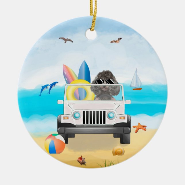 poodle dog Driving on Beach  Ceramic Ornament (Front)