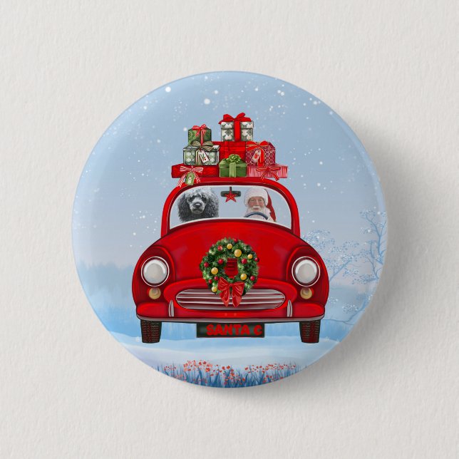 Poodle Dog In Car With Santa Claus  6 Cm Round Badge (Front)