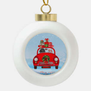 Poodle Dog In Car With Santa Claus  Ceramic Ball Christmas Ornament