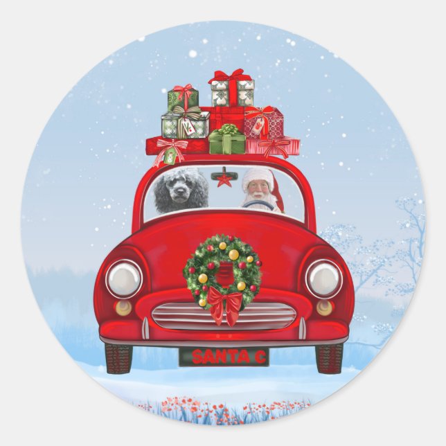 Poodle Dog In Car With Santa Claus   Classic Round Sticker (Front)