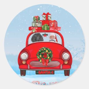 Poodle Dog In Car With Santa Claus  Classic Round Sticker