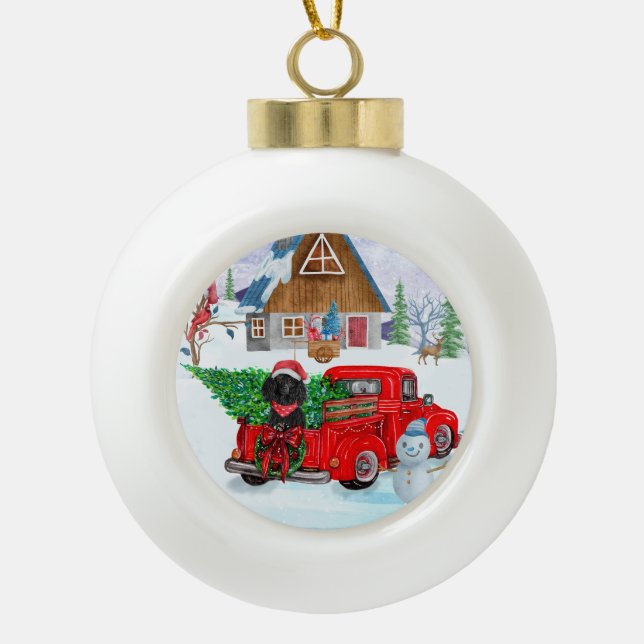 Poodle Dog In Christmas Delivery Truck Snow Ceramic Ball Christmas Ornament (Front)