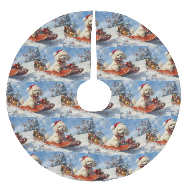 Poodle Dog in Sledge Let it Snow Christmas Brushed Polyester Tree Skirt (Front)