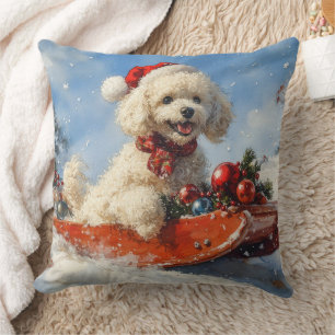 Poodle Dog in Sledge Let it Snow Christmas Cushion