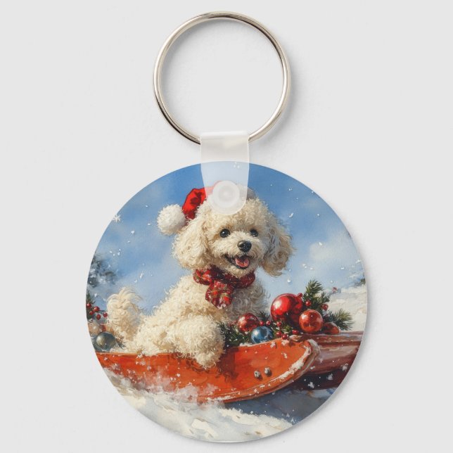 Poodle Dog in Sledge Let it Snow Christmas Key Ring (Front)