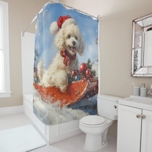 Poodle Dog in Sledge Let it Snow Christmas Shower Curtain (In Situ)