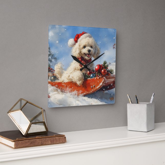 Poodle Dog in Sledge Let it Snow Christmas Square Wall Clock (Office)