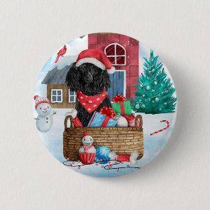 Poodle  Dog In snow Christmas Dog House  6 Cm Round Badge