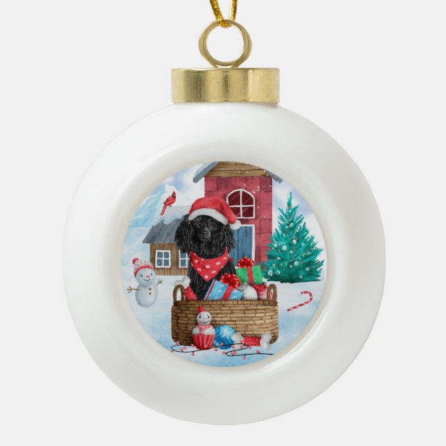 Poodle  Dog In snow Christmas Dog House Ceramic Ball Christmas Ornament (Front)