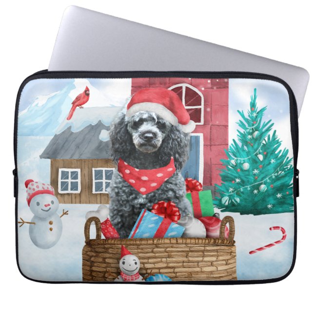 Poodle Dog In snow Christmas Dog House Laptop Sleeve (Front)