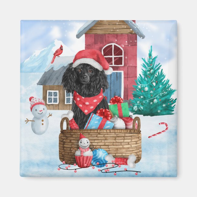 Poodle  Dog In snow Christmas Dog House Magnet (Front)