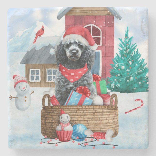 Poodle Dog In snow Christmas Dog House Stone Coaster (Front)