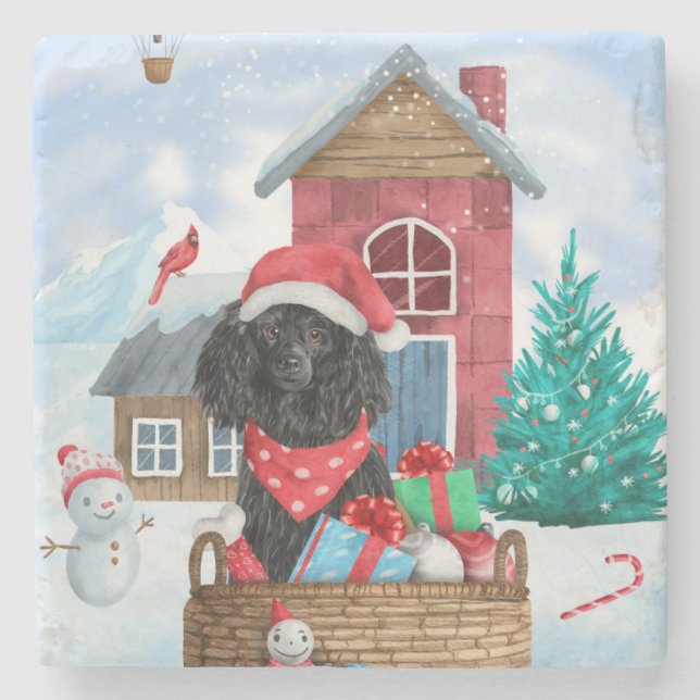 Poodle  Dog In snow Christmas Dog House Stone Coaster (Front)